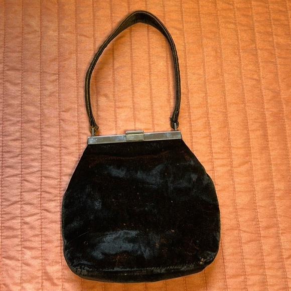Vintage Furla Black/Dark Green Velvet w/Orange undertone made in Italy Hand Bag. - Picture 15 of 16